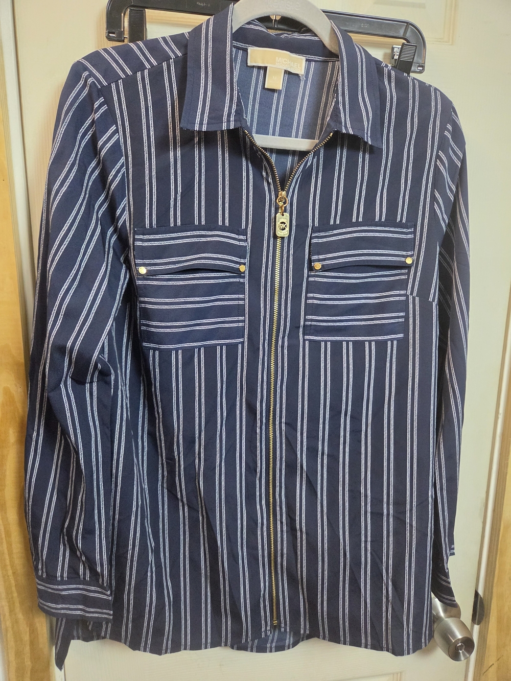 Michael Kors Navy and White Striped Zip-Front Shirt #0448